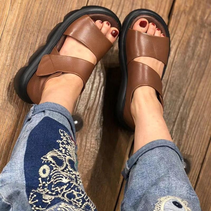 Dame Retro Leather Wave Sole Sandaler