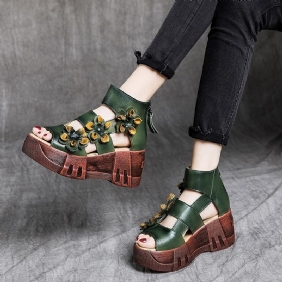 Dame Retro Platform Lær Floral Sandaler