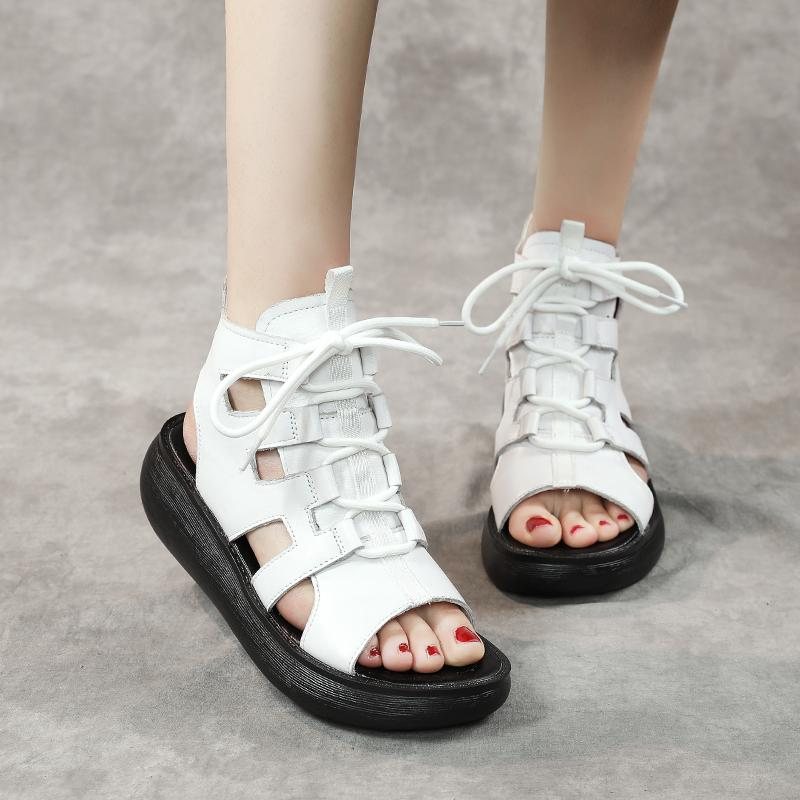 Dame Sommer Vintage Lær Hule Høye Sandaler