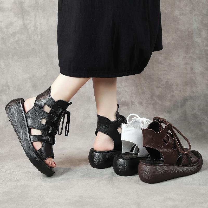 Dame Sommer Vintage Lær Hule Høye Sandaler
