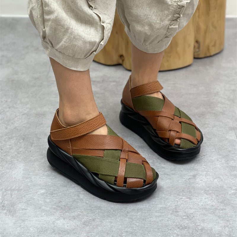 Dame Summer Retro Leather Canvas Flettede Sandaler