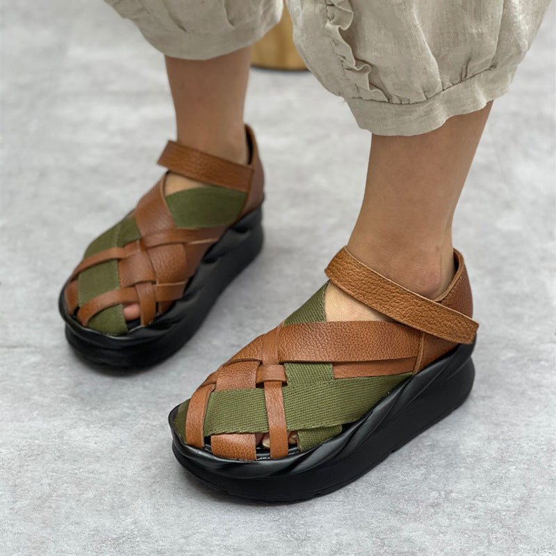 Dame Summer Retro Leather Canvas Flettede Sandaler