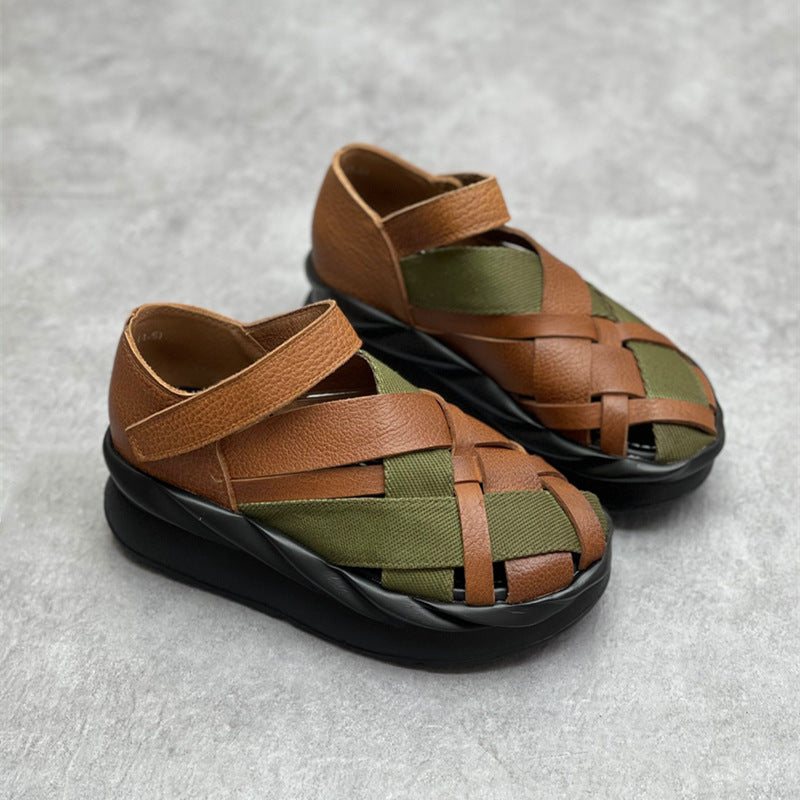 Dame Summer Retro Leather Canvas Flettede Sandaler