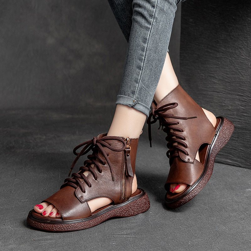 Dame Vintage Sommer Skinn Snøring Glidelås Uformelle Sandaler