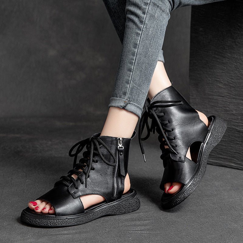 Dame Vintage Sommer Skinn Snøring Glidelås Uformelle Sandaler