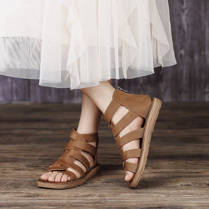Håndlagde Sommer Flat Hollow Out Leather Casual Sandaler