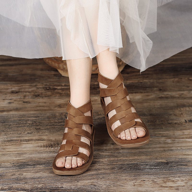 Håndlagde Sommer Flat Hollow Out Leather Casual Sandaler
