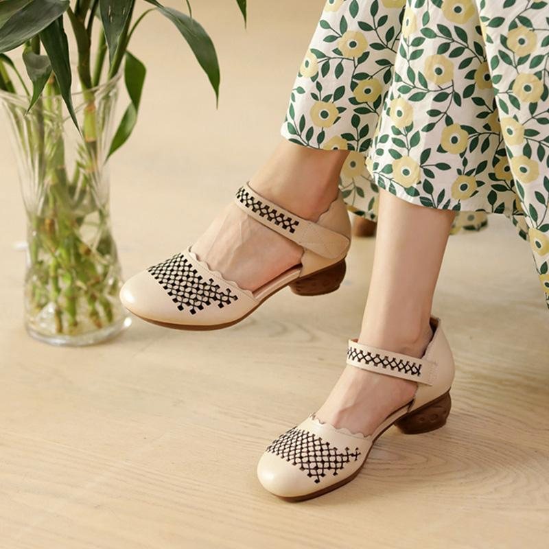 Retro Casual Wedge Lær Hule Sandaler