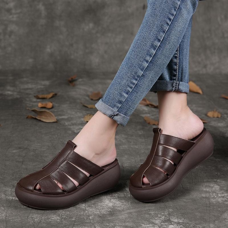 Retro Dame Strandsandaler Sommer Skinn Håndlagde Roman