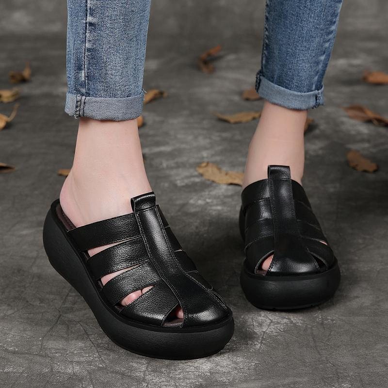 Retro Dame Strandsandaler Sommer Skinn Håndlagde Roman