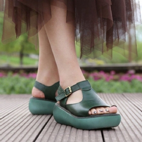 Solid Leather Casual Platform Justerbare Spennesandaler