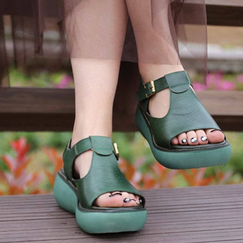 Solid Leather Casual Platform Justerbare Spennesandaler