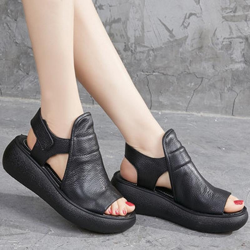 Solid Leather Platform Borrelås-sandaler