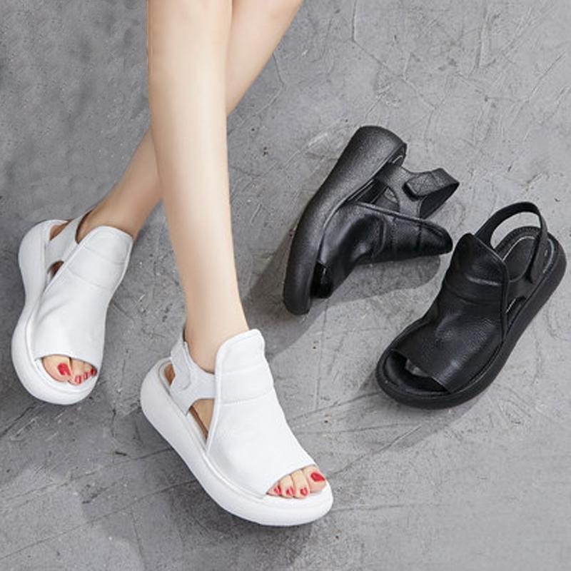 Solid Leather Platform Borrelås-sandaler