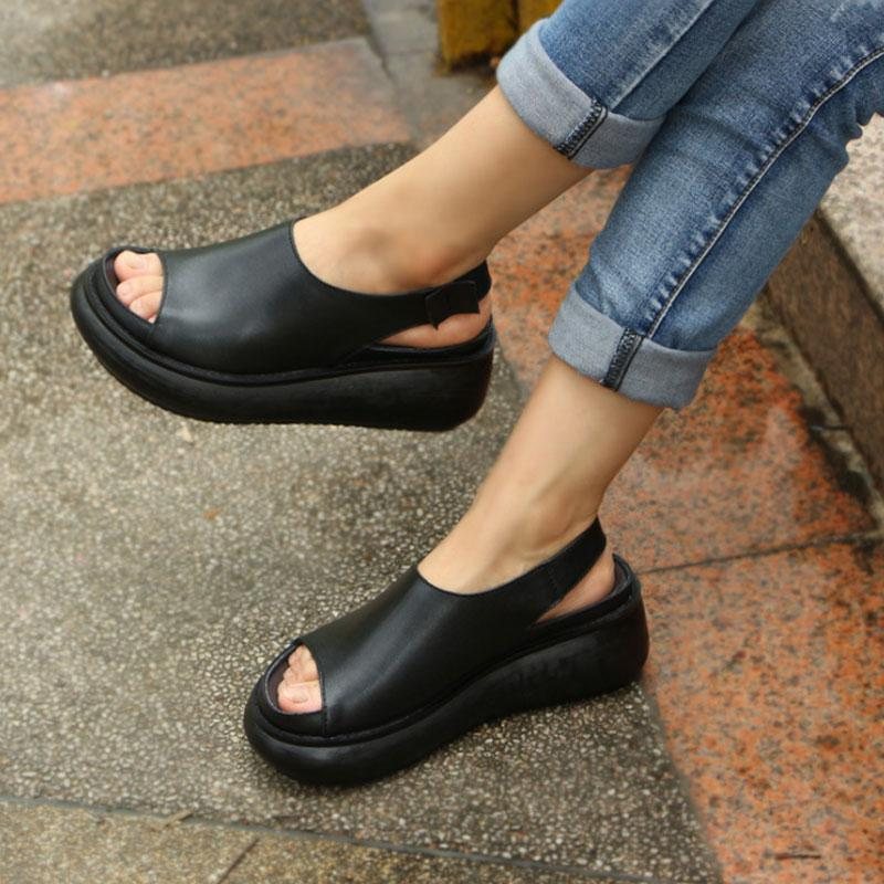 Sommer Casual Cow Leather Sko Svarte Kilehæl Sandaler