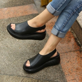 Sommer Casual Cow Leather Sko Svarte Kilehæl Sandaler