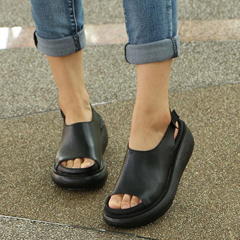 Sommer Casual Cow Leather Sko Svarte Kilehæl Sandaler