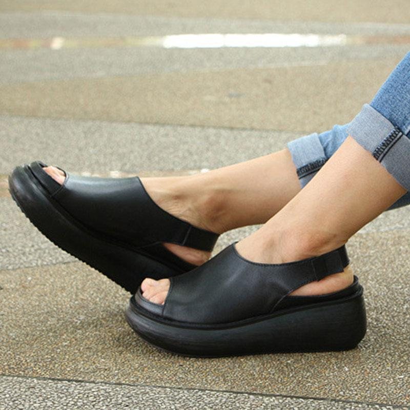Sommer Casual Cow Leather Sko Svarte Kilehæl Sandaler