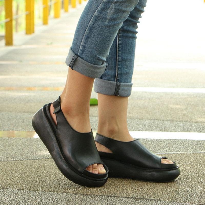 Sommer Casual Cow Leather Sko Svarte Kilehæl Sandaler