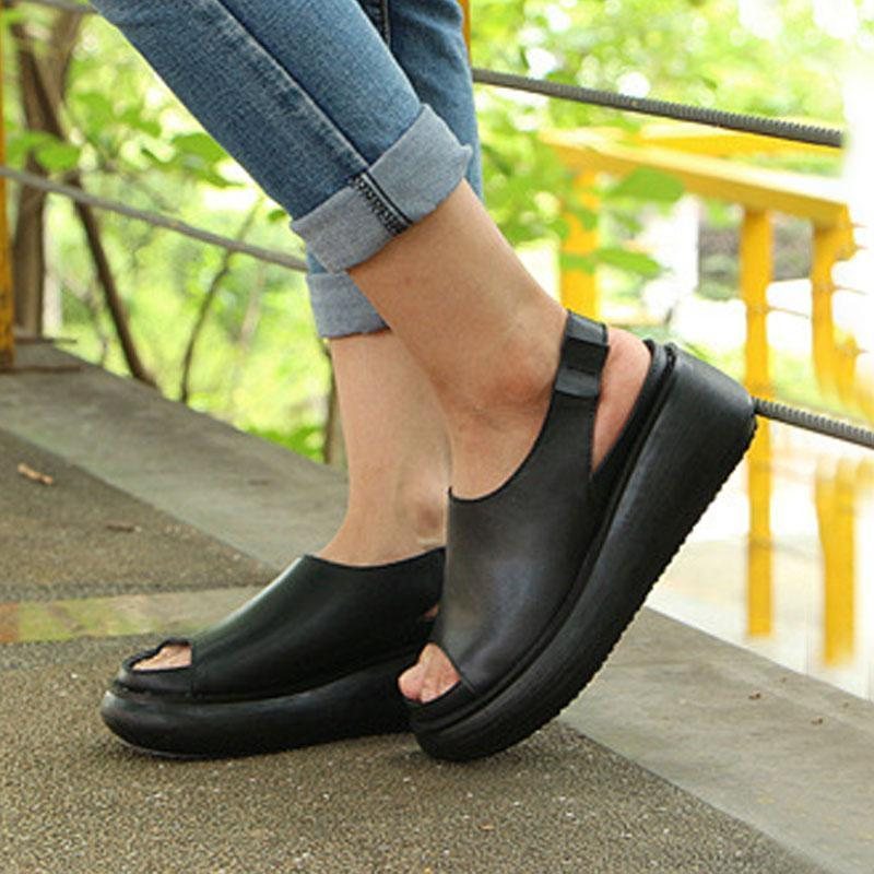 Sommer Casual Cow Leather Sko Svarte Kilehæl Sandaler