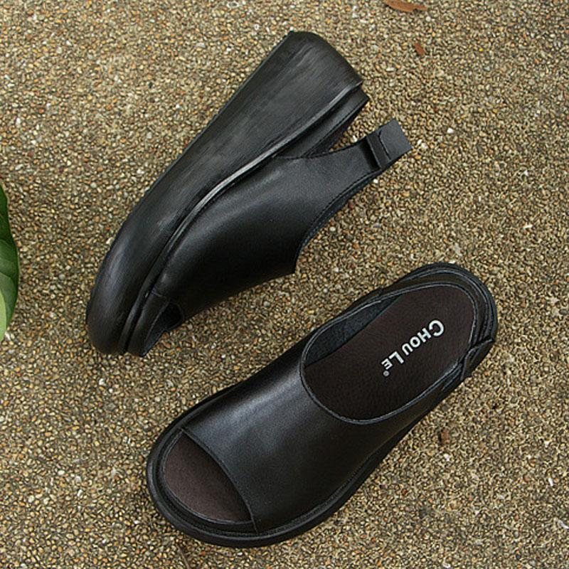 Sommer Casual Cow Leather Sko Svarte Kilehæl Sandaler