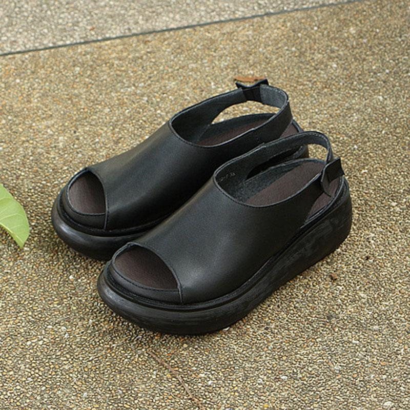 Sommer Casual Cow Leather Sko Svarte Kilehæl Sandaler