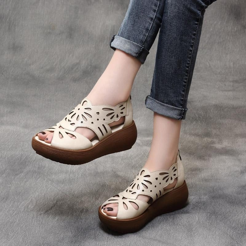 Sommer Håndlagde Skinn Retro Platform Hule Sandaler