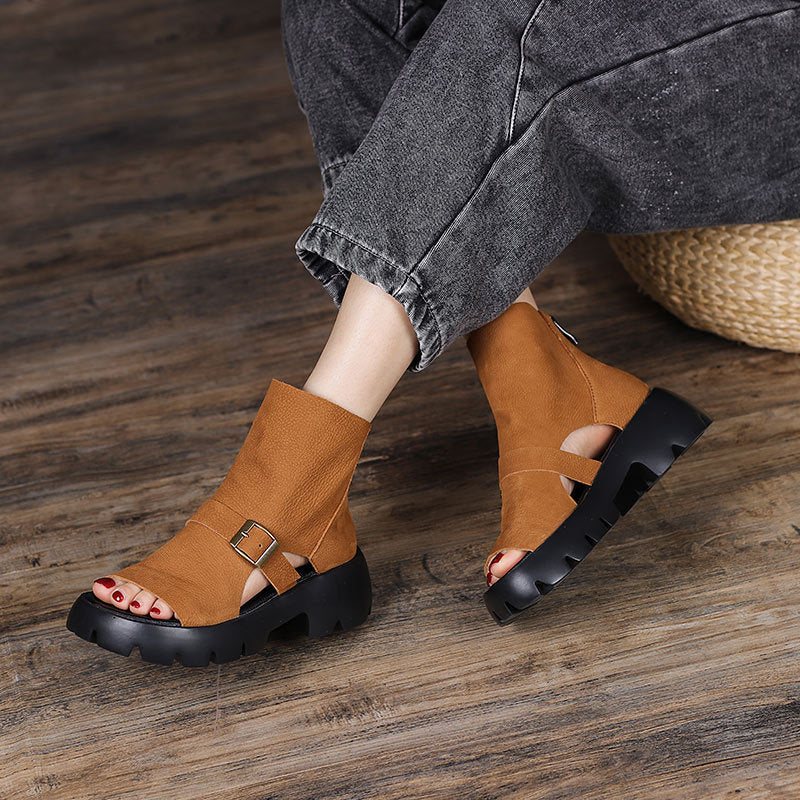 Summer Vintage Hollow Leather Platform Sandaler