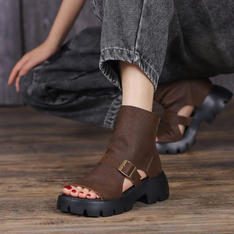 Summer Vintage Hollow Leather Platform Sandaler