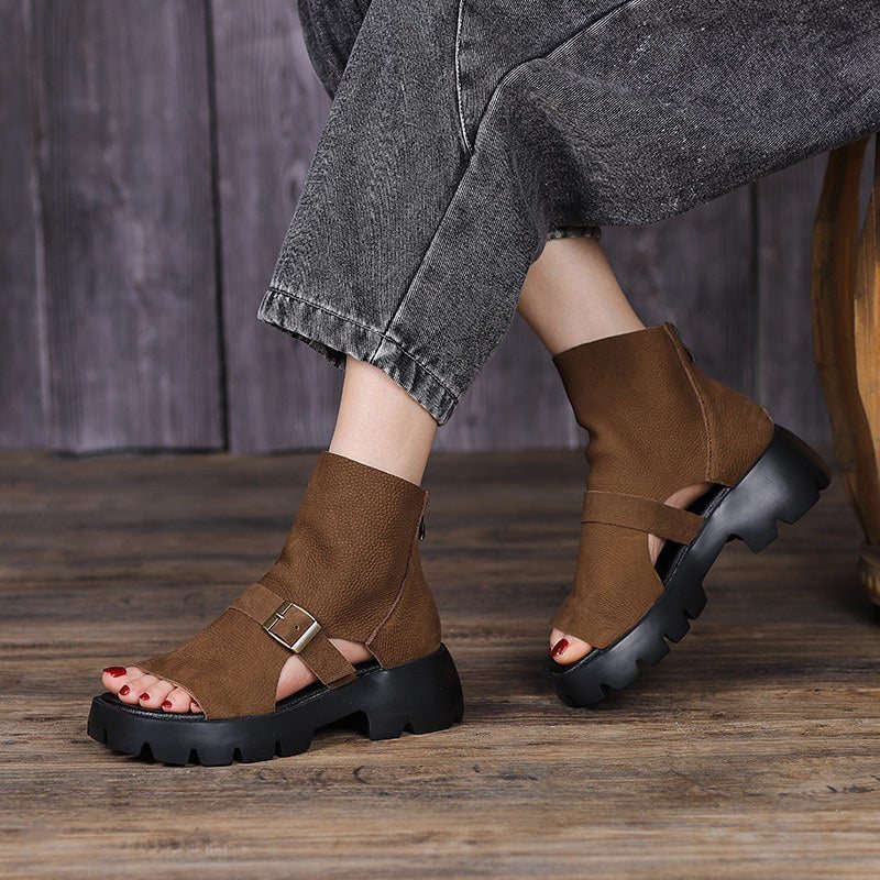 Summer Vintage Hollow Leather Platform Sandaler