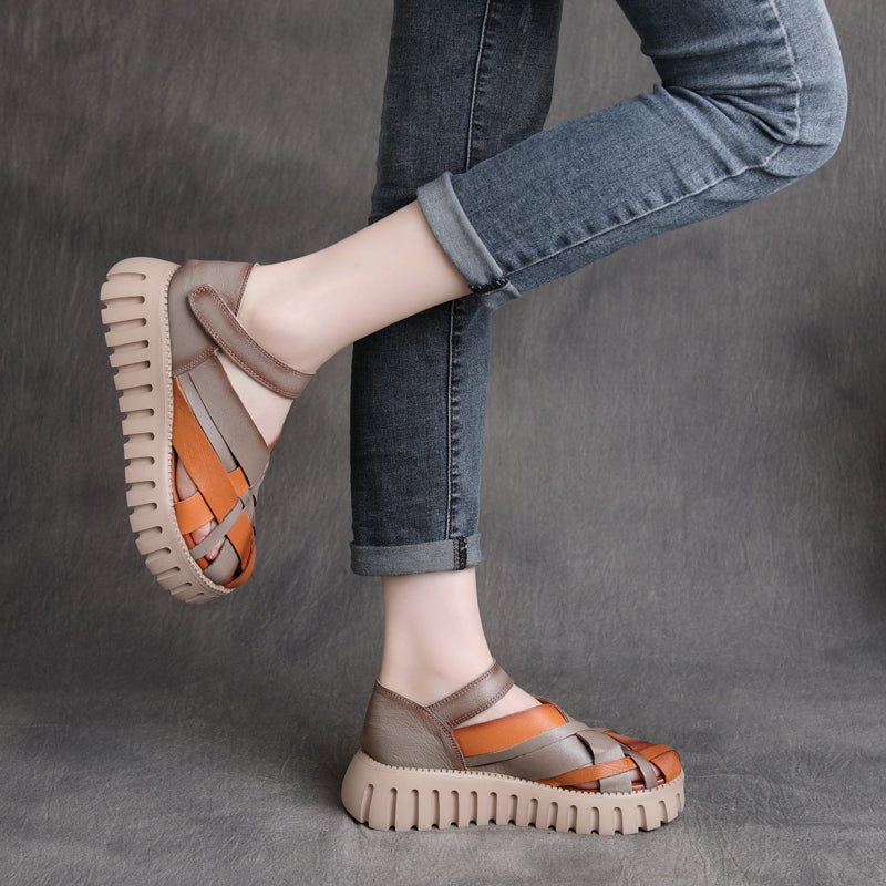 Vår Sommer Retro Hule Strappy Lærsandaler