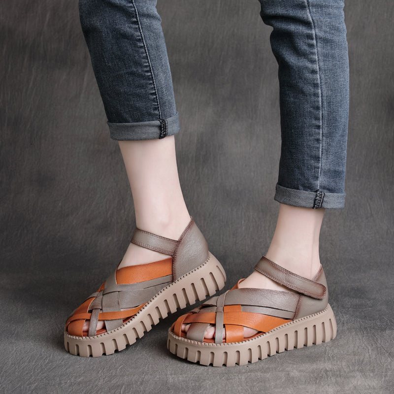 Vår Sommer Retro Hule Strappy Lærsandaler