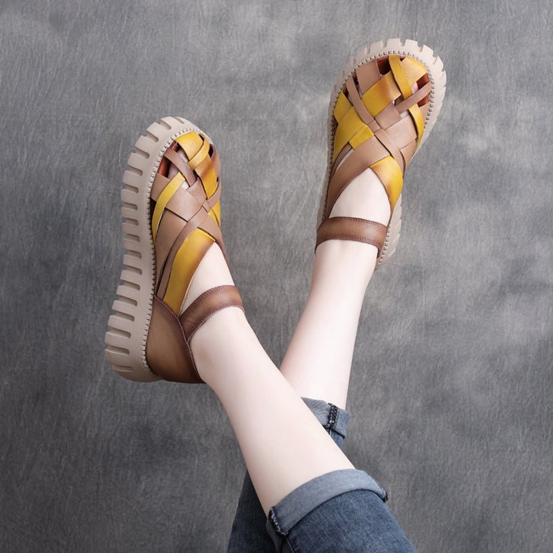 Vår Sommer Retro Hule Strappy Lærsandaler