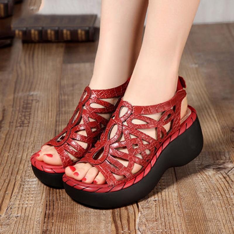 Vintage Leather Wedges Komfortable Sandaler Med Myk Bunn