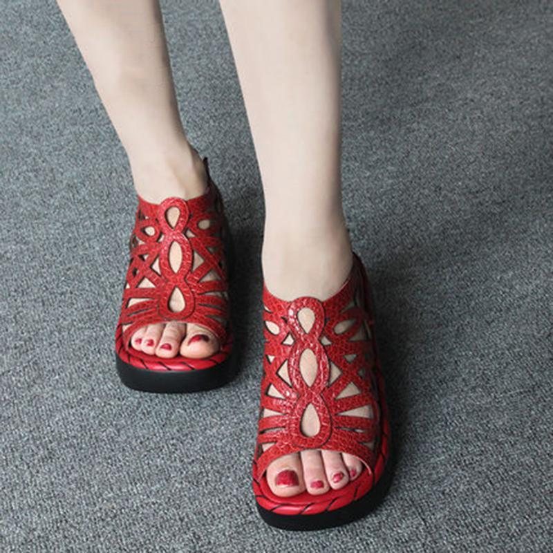 Vintage Leather Wedges Komfortable Sandaler Med Myk Bunn