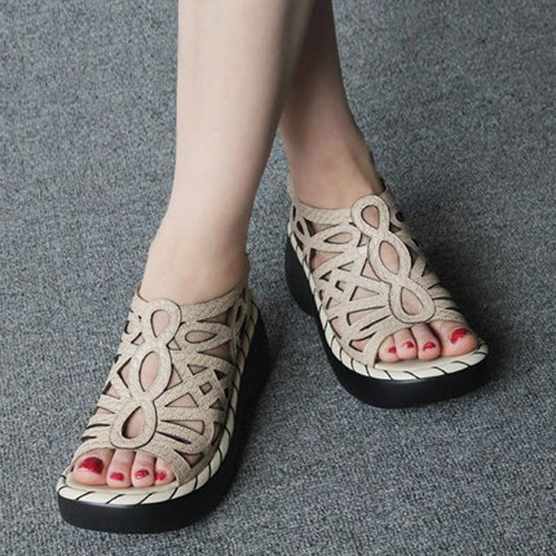 Vintage Leather Wedges Komfortable Sandaler Med Myk Bunn