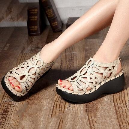 Vintage Leather Wedges Komfortable Sandaler Med Myk Bunn