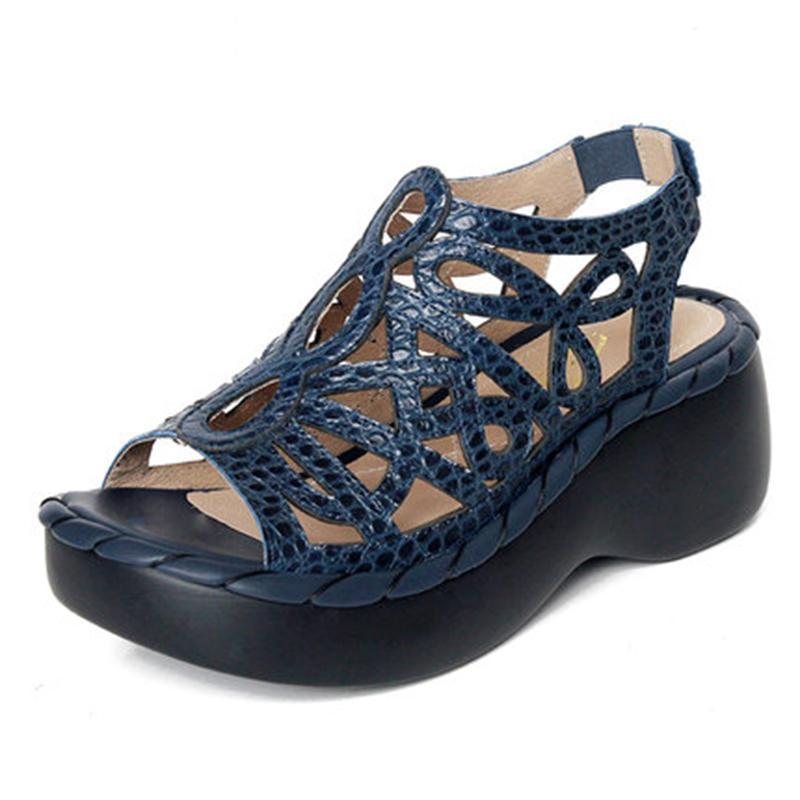 Vintage Leather Wedges Komfortable Sandaler Med Myk Bunn