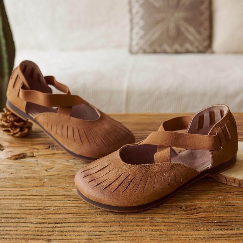 Vintage Skinn Hul Myk Bunn Dame Sandaler
