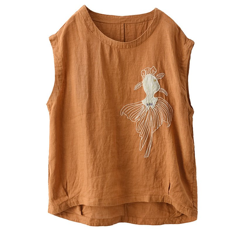 Dame Retro Goldfish Broderi Lin Casual Vest