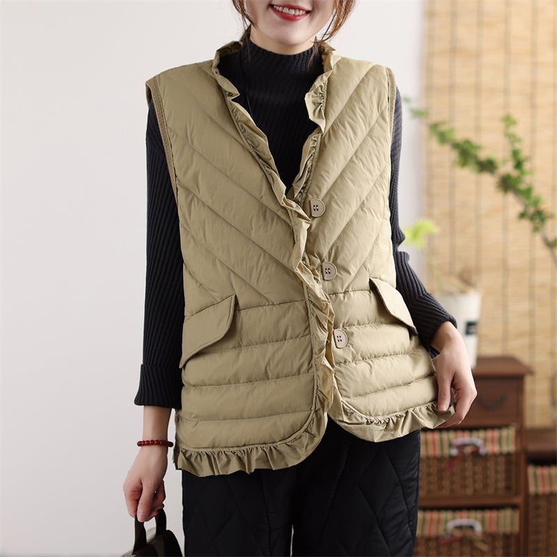 Høst Vinter Retro Ruffled Solid Duck Down Vest