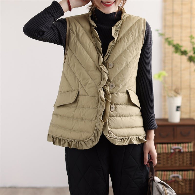 Høst Vinter Retro Ruffled Solid Duck Down Vest
