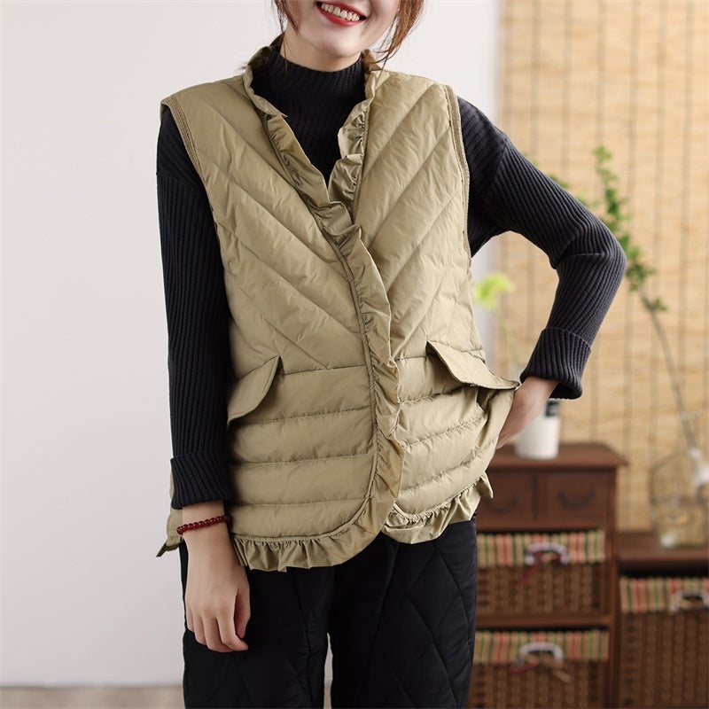 Høst Vinter Retro Ruffled Solid Duck Down Vest