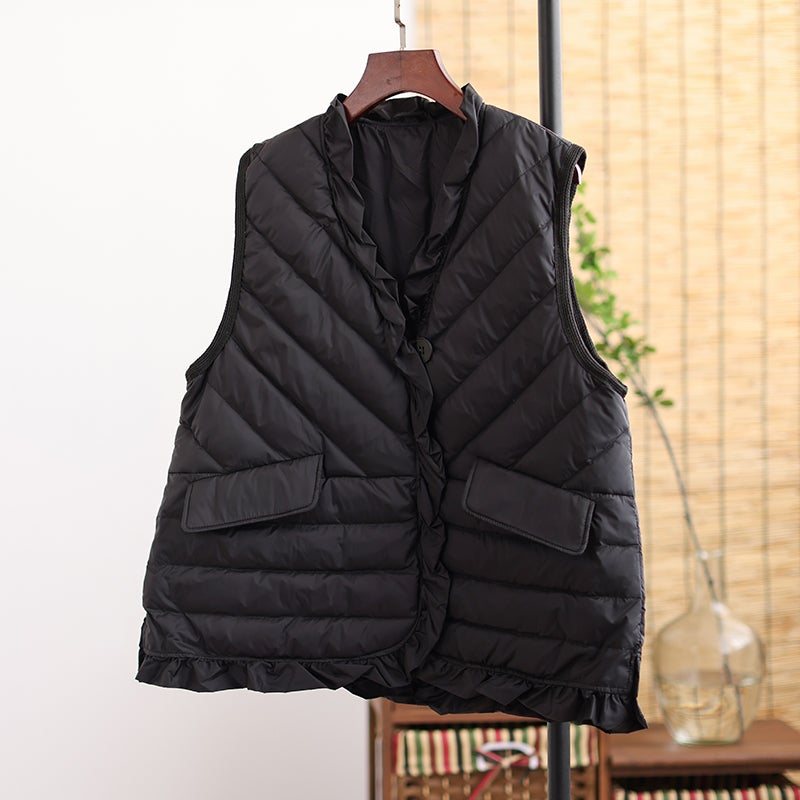 Høst Vinter Retro Ruffled Solid Duck Down Vest