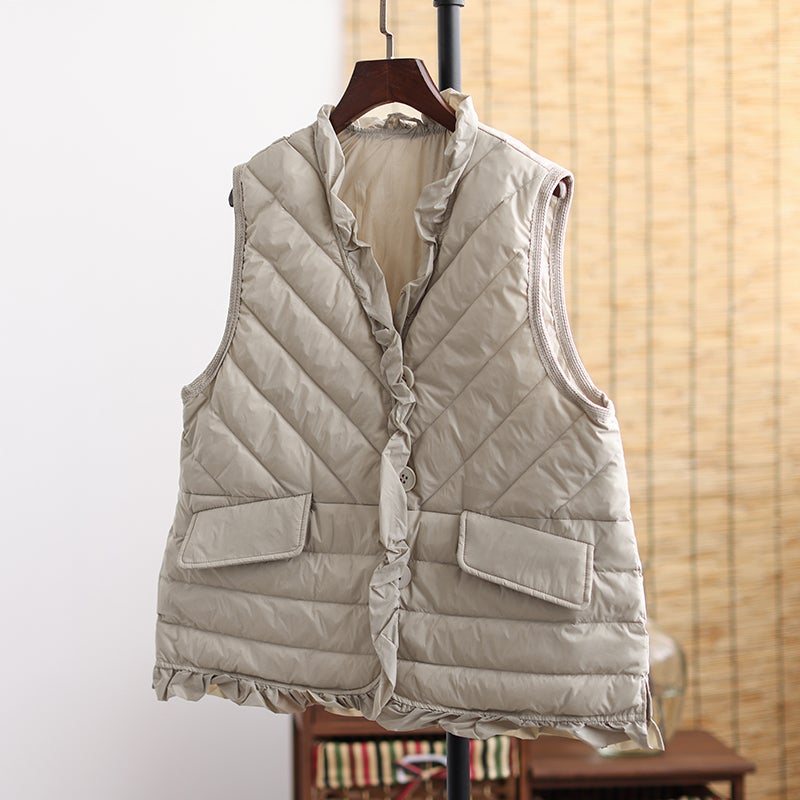 Høst Vinter Retro Ruffled Solid Duck Down Vest