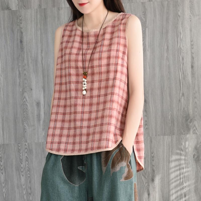 Retro Sommer Bomull Lin Dame Casual Rutete Vest