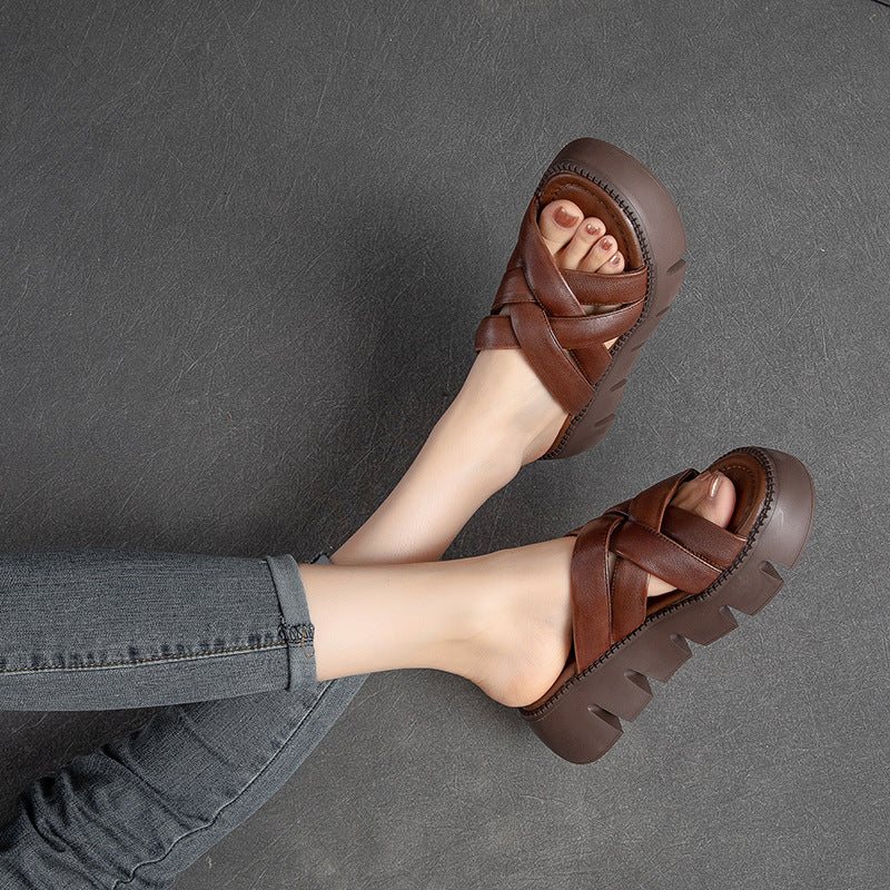 Dame Sommer Retro Flettet Skinn Wedge Casual Tøfler