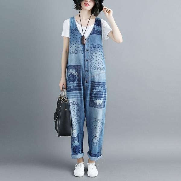 Dame Bomull V-hals Ermeløse Blå Denim Jumpsuits
