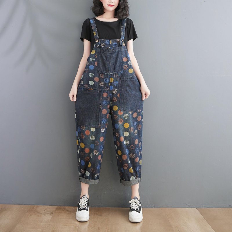 Dame Vår Sommer Retro Potter Løs Denim Harem Jumpsuit