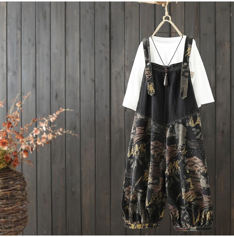Dame Vintage Loose Print Ankel Denim Jumpsuit
